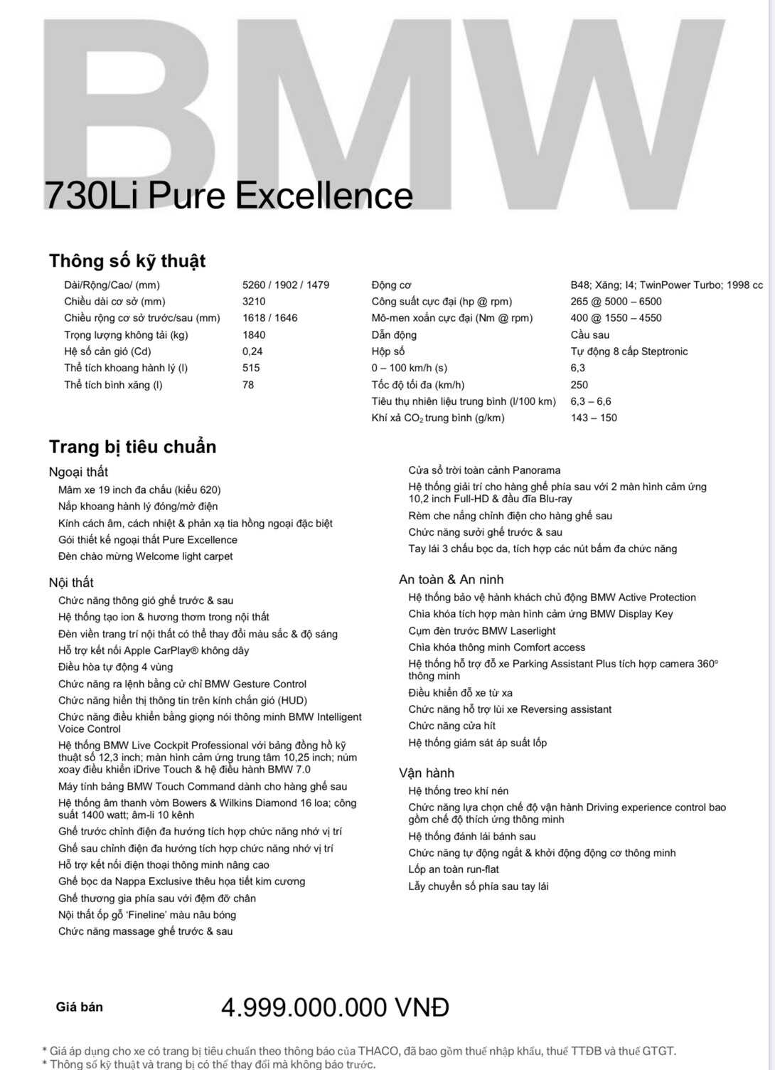 Thông số xe BMW 730Li Pure Excellence 2021