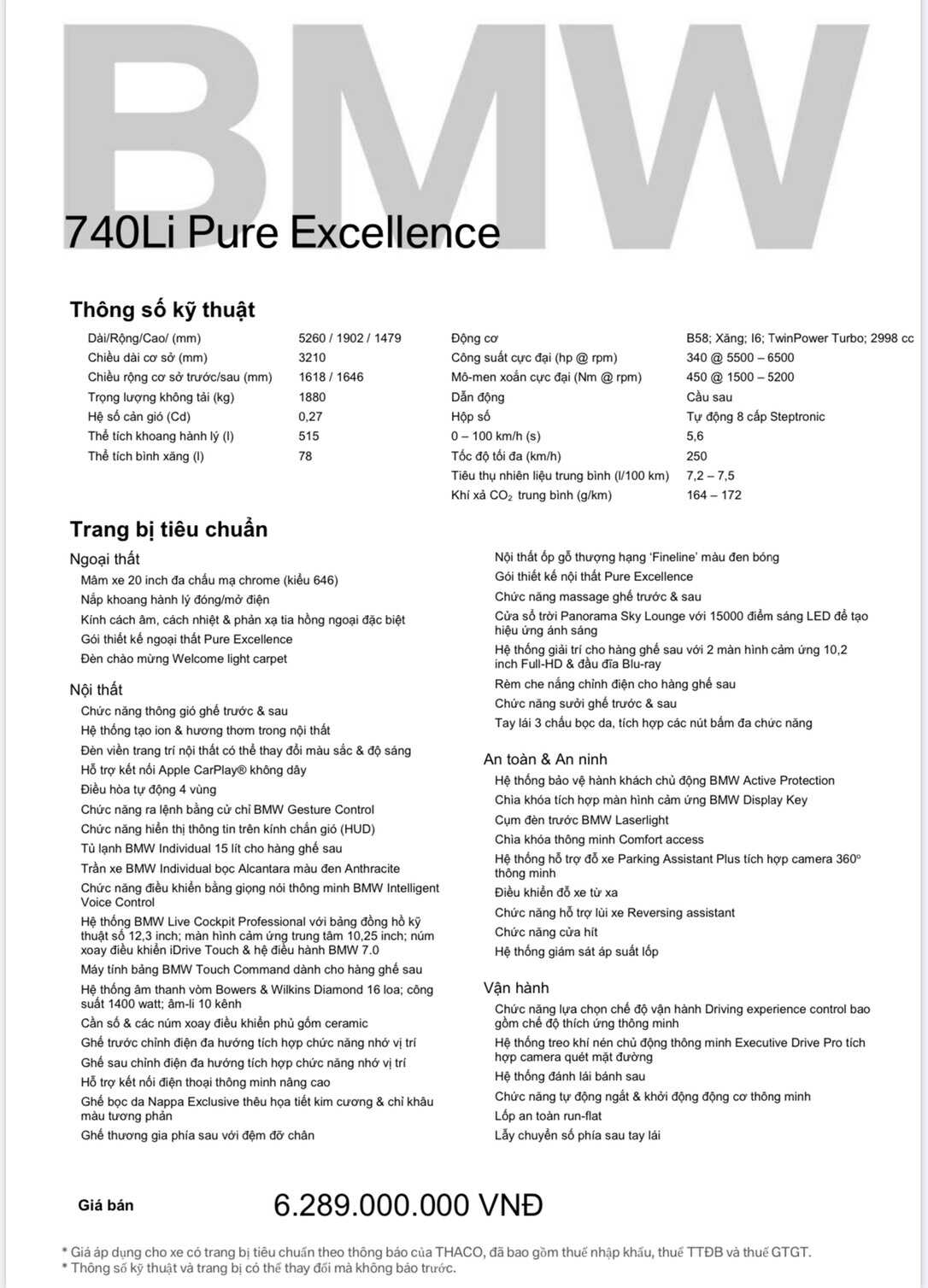 Thông số xe BMW 740Li Pure Excellence 2021
